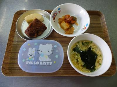酢豚☆和風卵スープ☆果物★ふくれ菓子