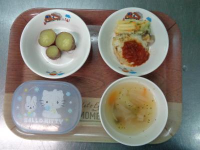 白身魚のマスタード焼き☆マカロニサラダ☆野菜スープ★ふかし芋