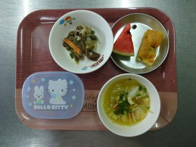 スタミナ焼肉☆味噌汁☆果物★バナナケーキ