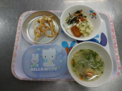 魚のフライ☆もやしのナムル☆味噌汁★うどんかりんとう