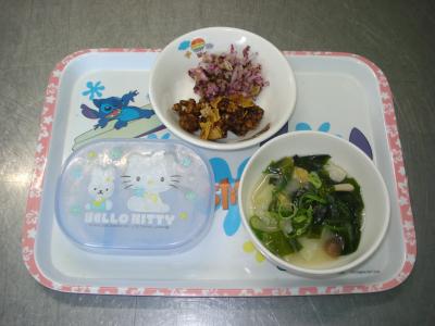 レバーのアーモンド和え☆ゆかり和え☆味噌汁