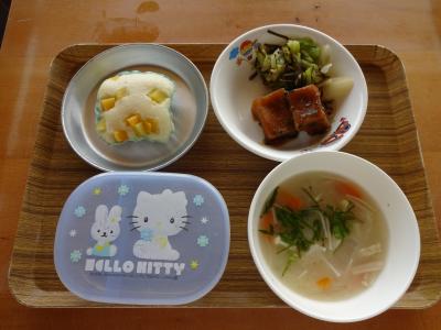 高野豆腐の揚げ煮☆和え物☆味噌汁★お芋の蒸しパン