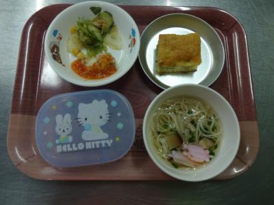 鶏のマスタード焼き☆さっぱりサラダ☆そうめん汁★バナナケーキ