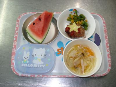 七夕バーグ☆インゲンのごま和え☆野菜スープ☆スイカ