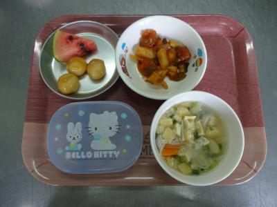 酢豚☆味噌汁☆スイカ★チーズ白玉団子