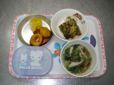 簡単キッシュ☆ポテトサラダ☆みそ汁★豆腐のみたらし団子・とうもろこし